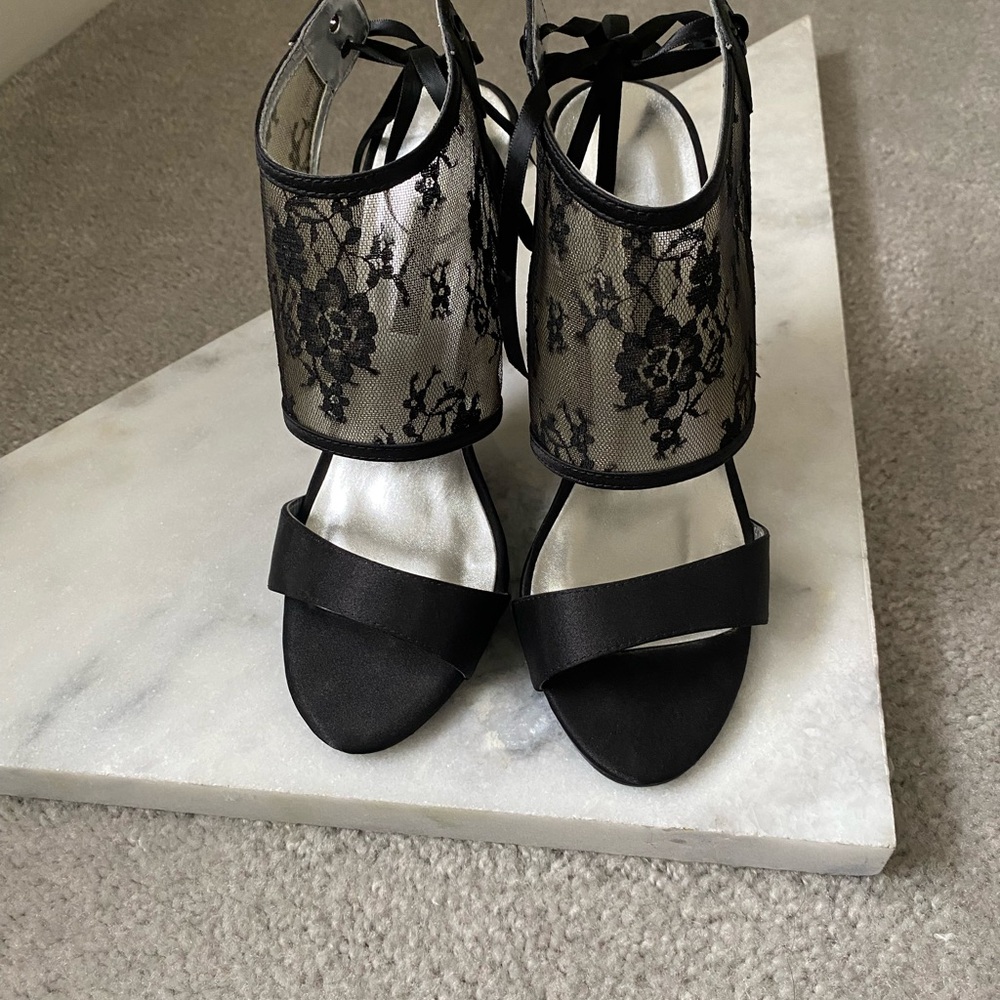 Caparros Black Lace Heels with satin ankle ties